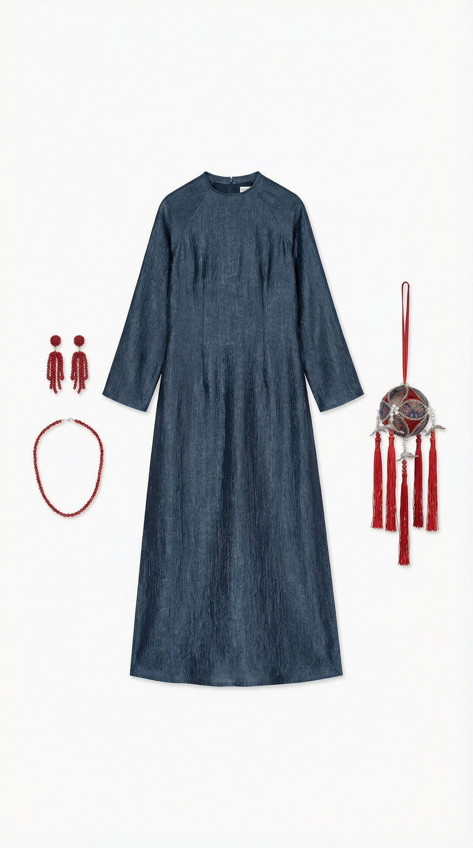 Traditional Vietnamese áo dài with accompanying accessories displayed on the model