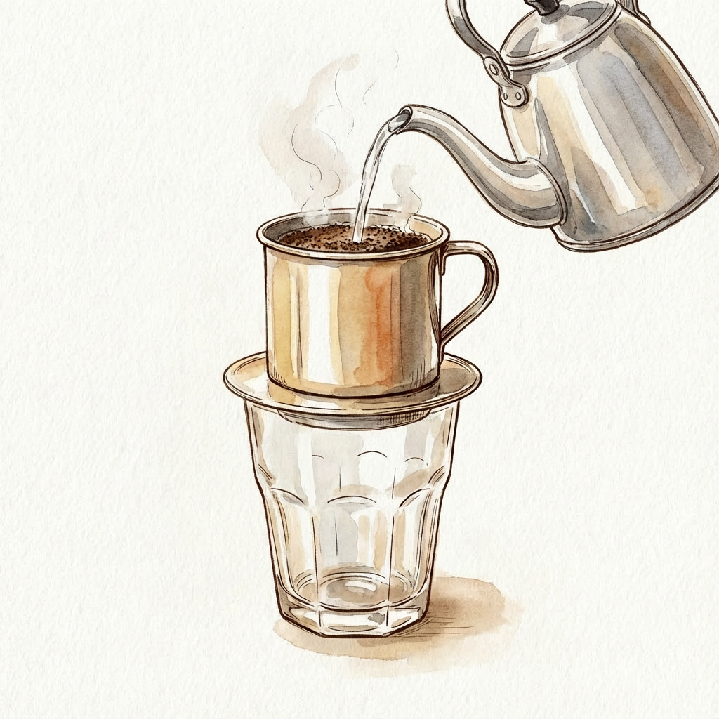 Pouring hot water into the phin filter