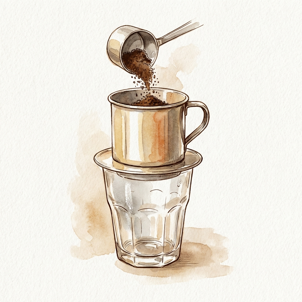 Pouring coffee powder into traditional Vietnamese phin filter