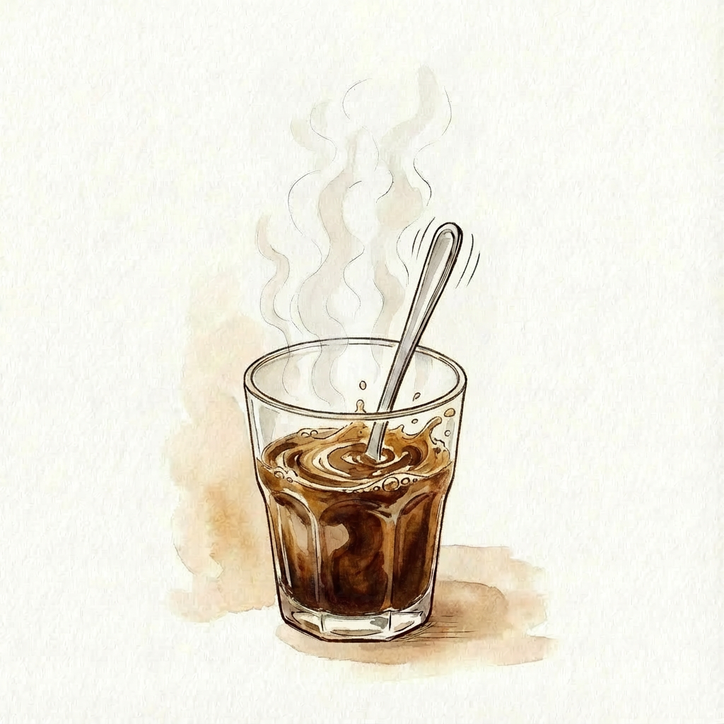 Stirring the milk and coffee together