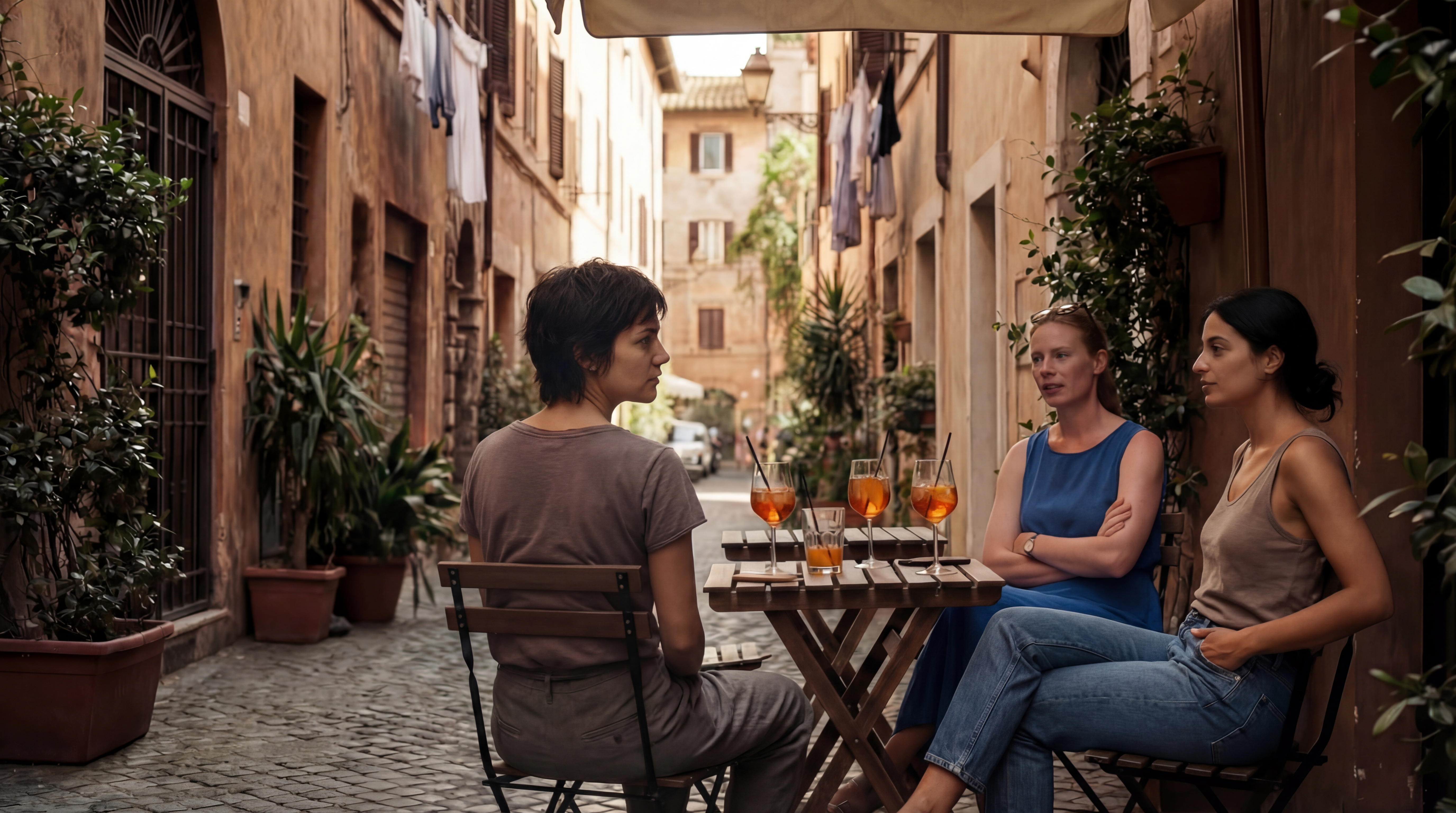 Characters enjoying drinks in a Roman alley
