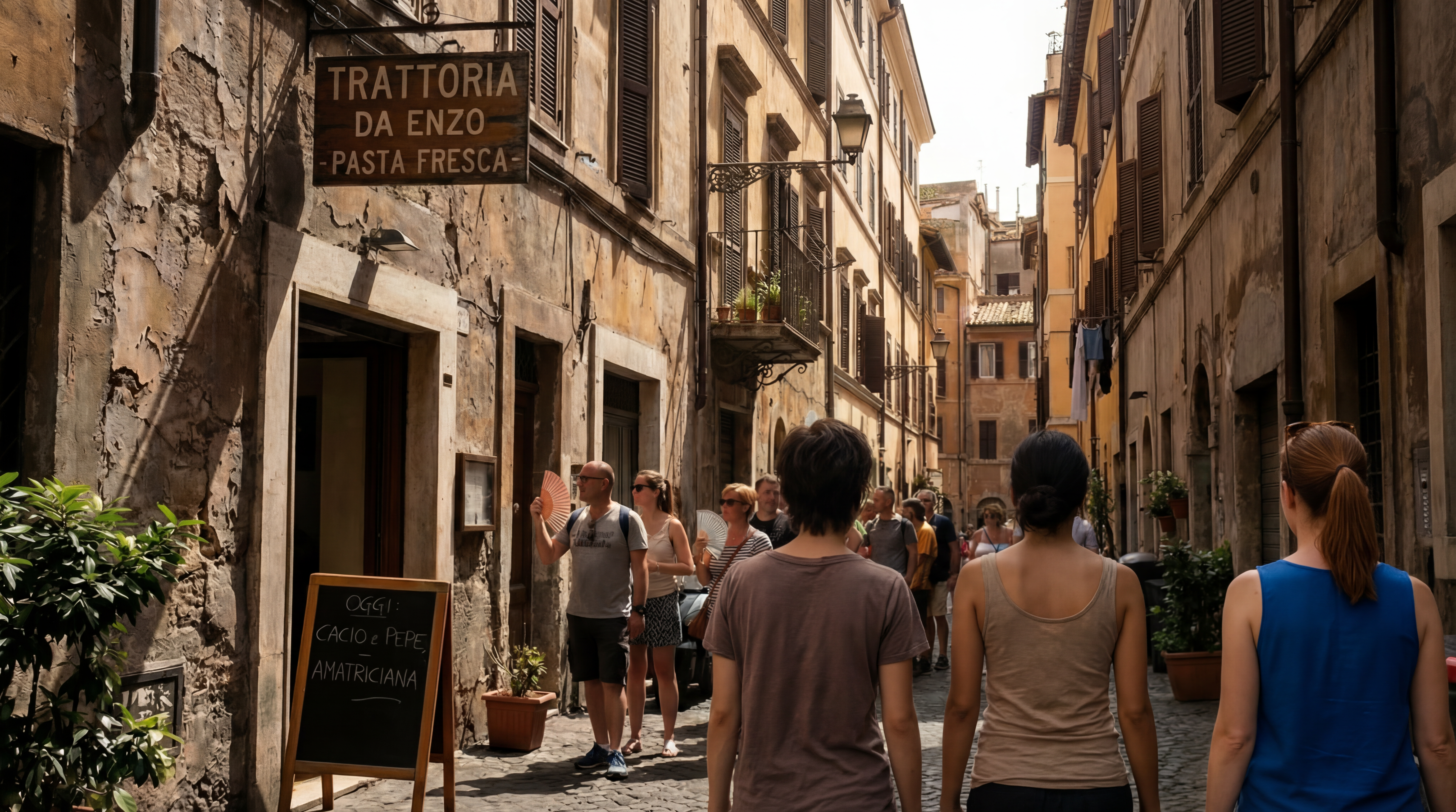Characters dining at a traditional pasta restaurant