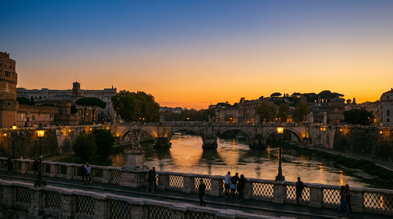 Wide view of a Roman bridge scene